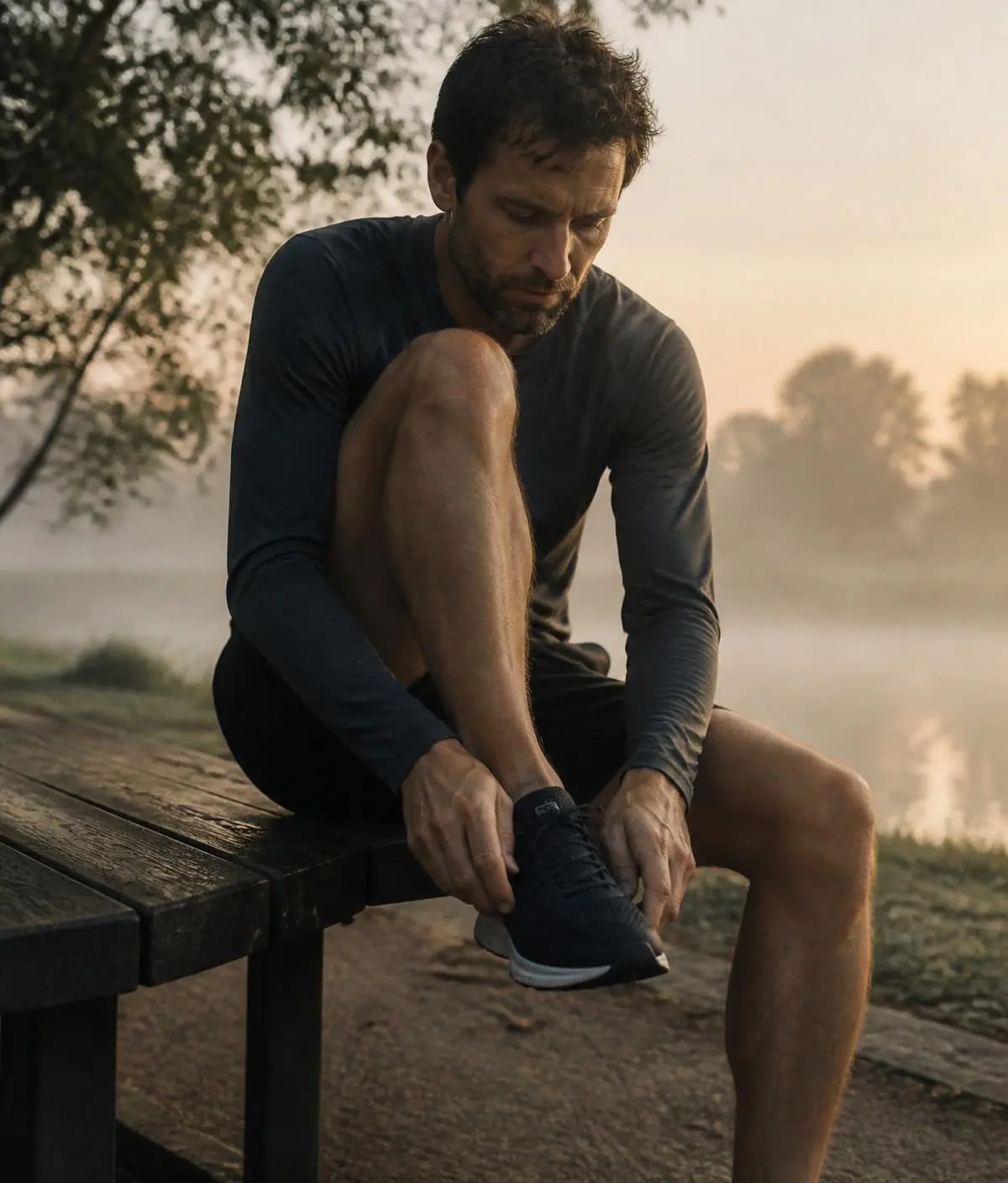 Man tying his running shoe on a lakeside bench at sunrise