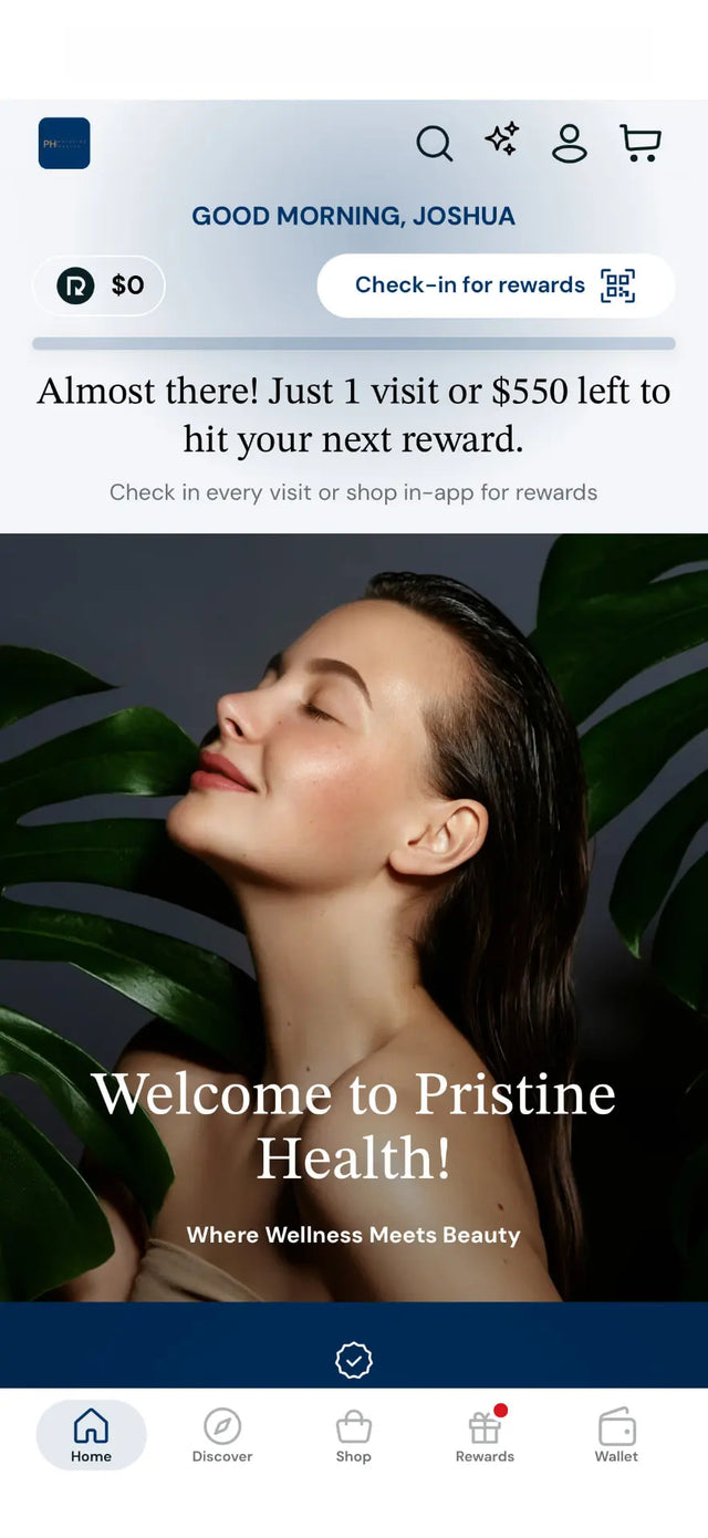 MyRepeat app home screen showing rewards progress for Pristine Health