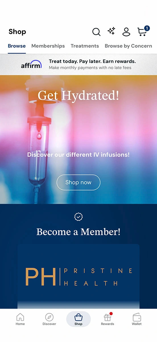 MyRepeat app shop screen with IV infusion offers