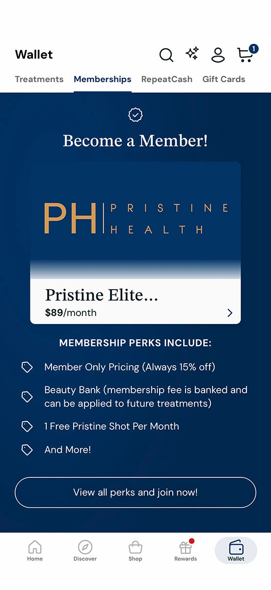 MyRepeat app wallet screen showing the Pristine Elite membership