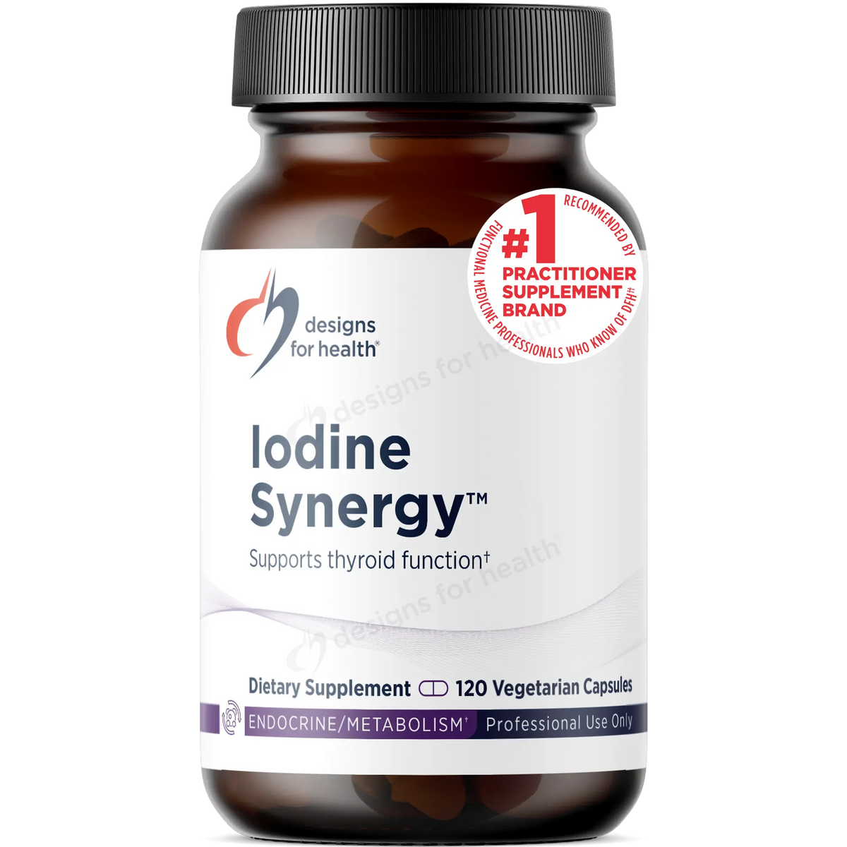 Supplement bottle labeled 'Iodine Synergy' by Designs for Health on a white background