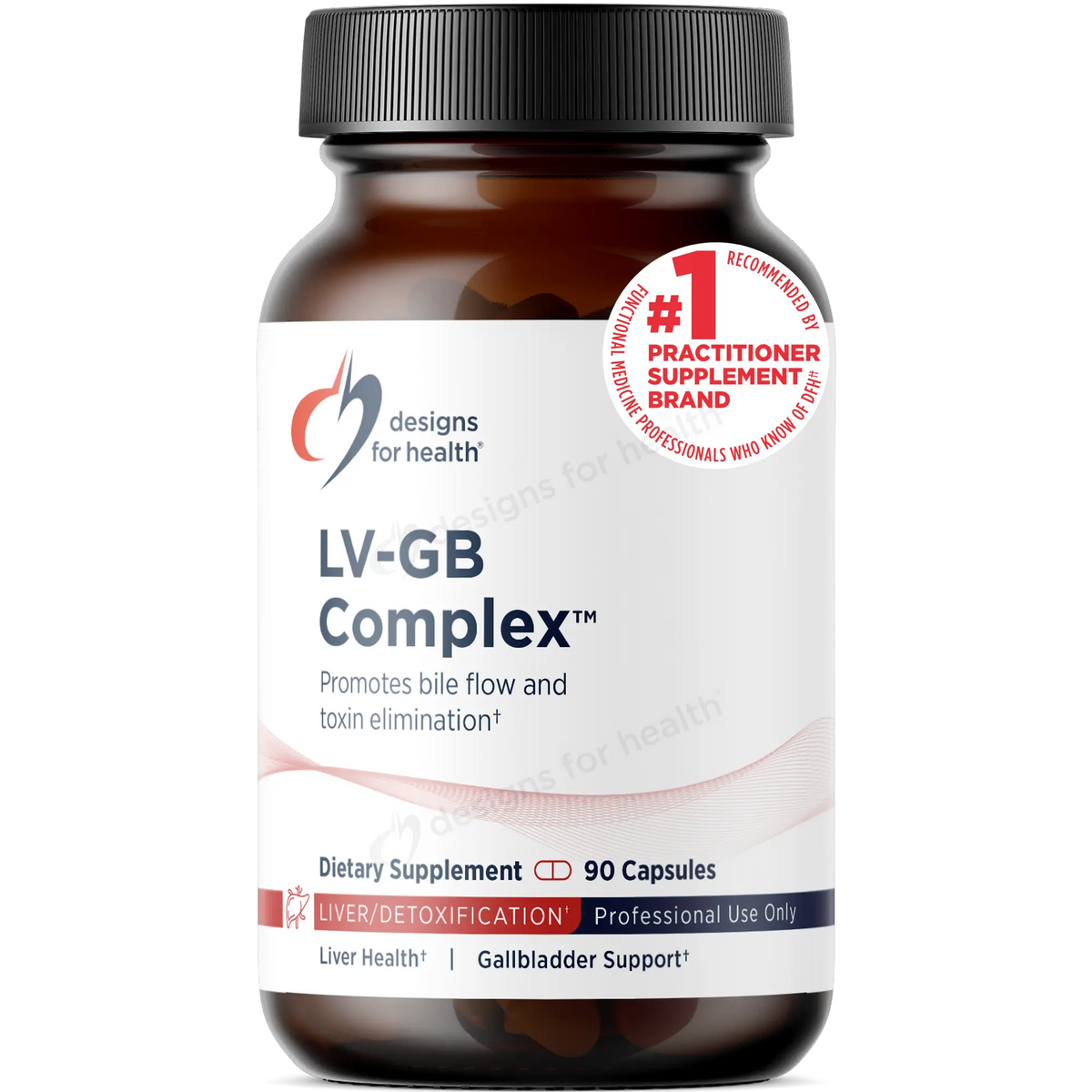 Supplement bottle with a white background labeled 'LV-GB Complex' from Designs for Health sold by Pristine health.