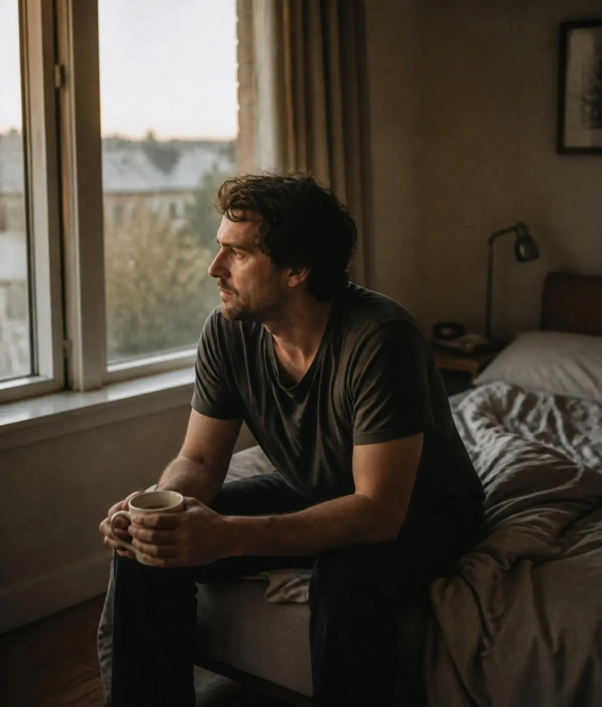 Man sitting on the edge of his bed with a coffee mug, looking out the window