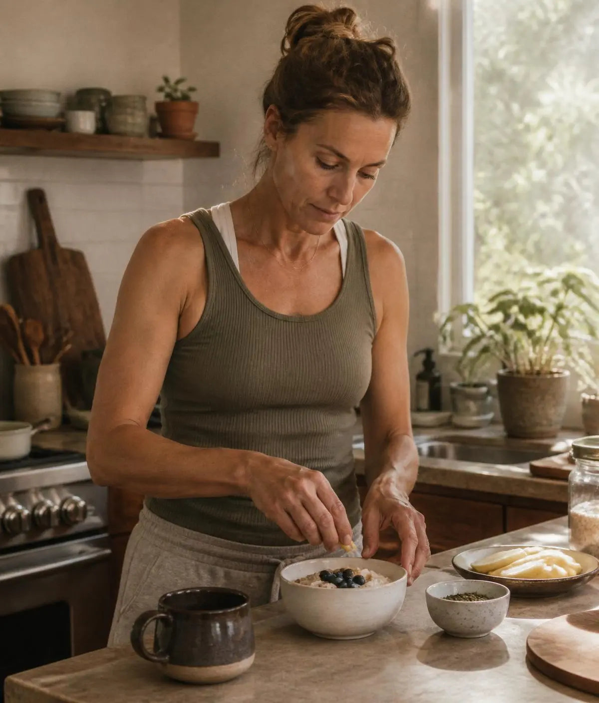 Woman preparing a breakfast bowl with berries in a sunlit kitchen